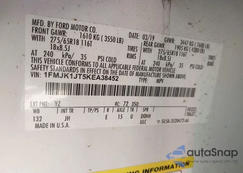 2019 Ford Expedition Max Xlt из США, поврежденный, VIN 1FMJK1JT5KEA38452